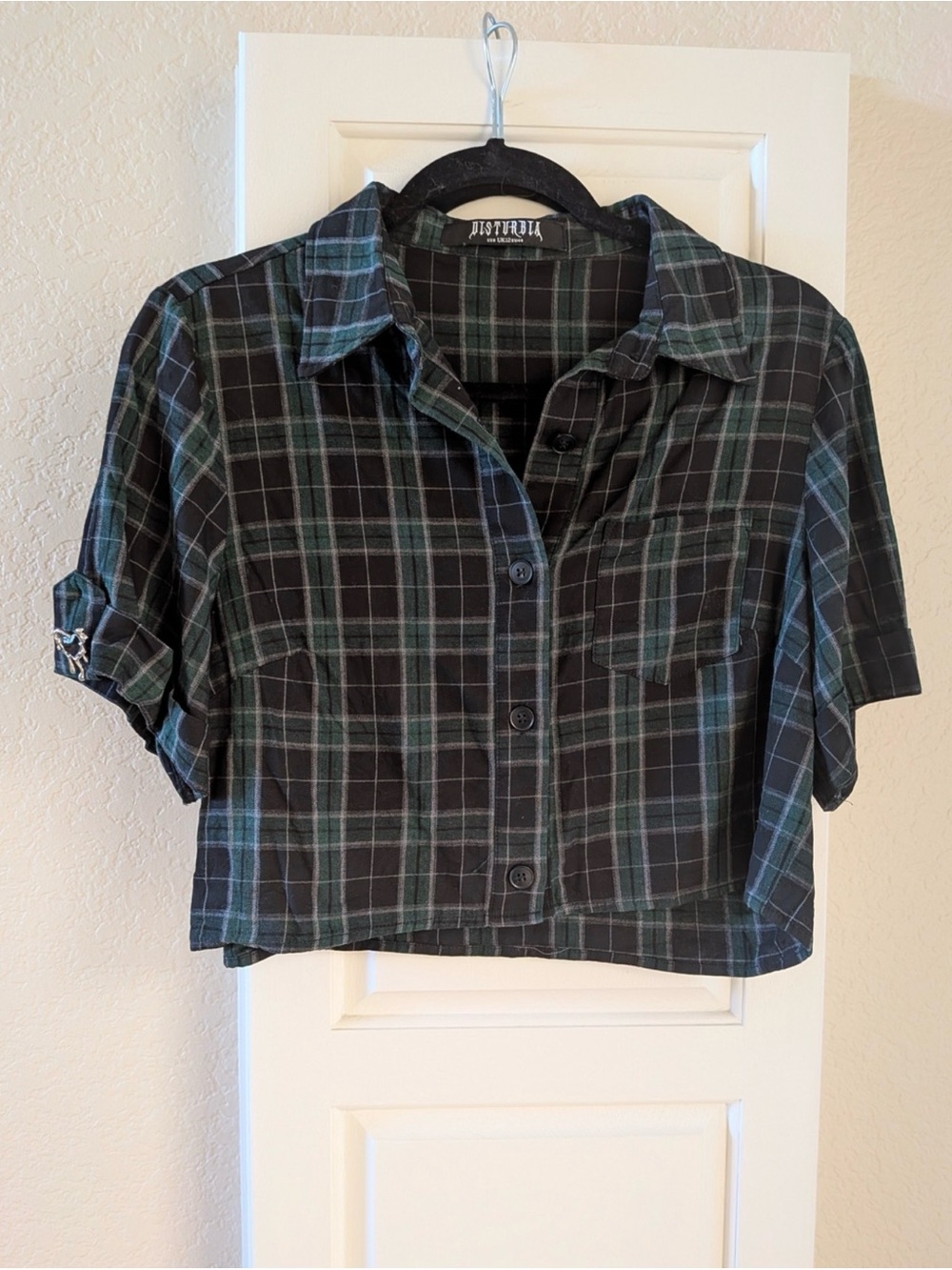 Disturbia Black and Green Plaid Cropped Button-Down Shirt